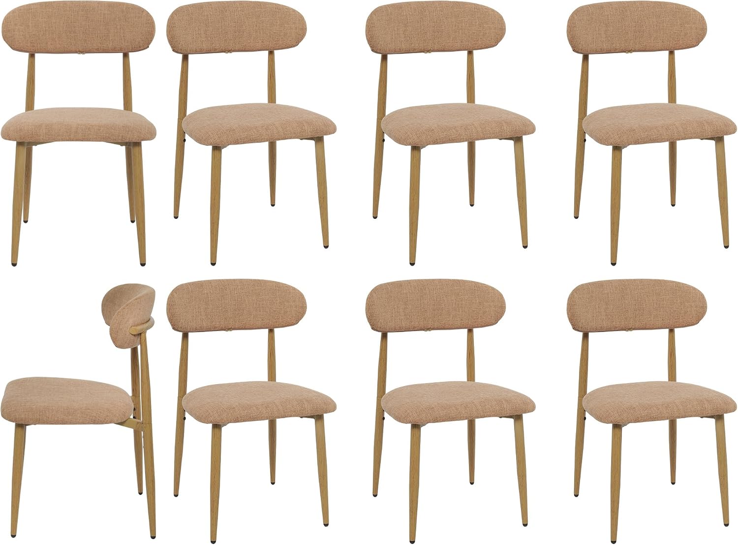 Modern Upholstered Dining Chairs Set of 8, Mid-Century Metal Frame with Wood Grain, Linen Fabric Side Chair for Kitchen Dining Room, 350lbs Capacity, Brown