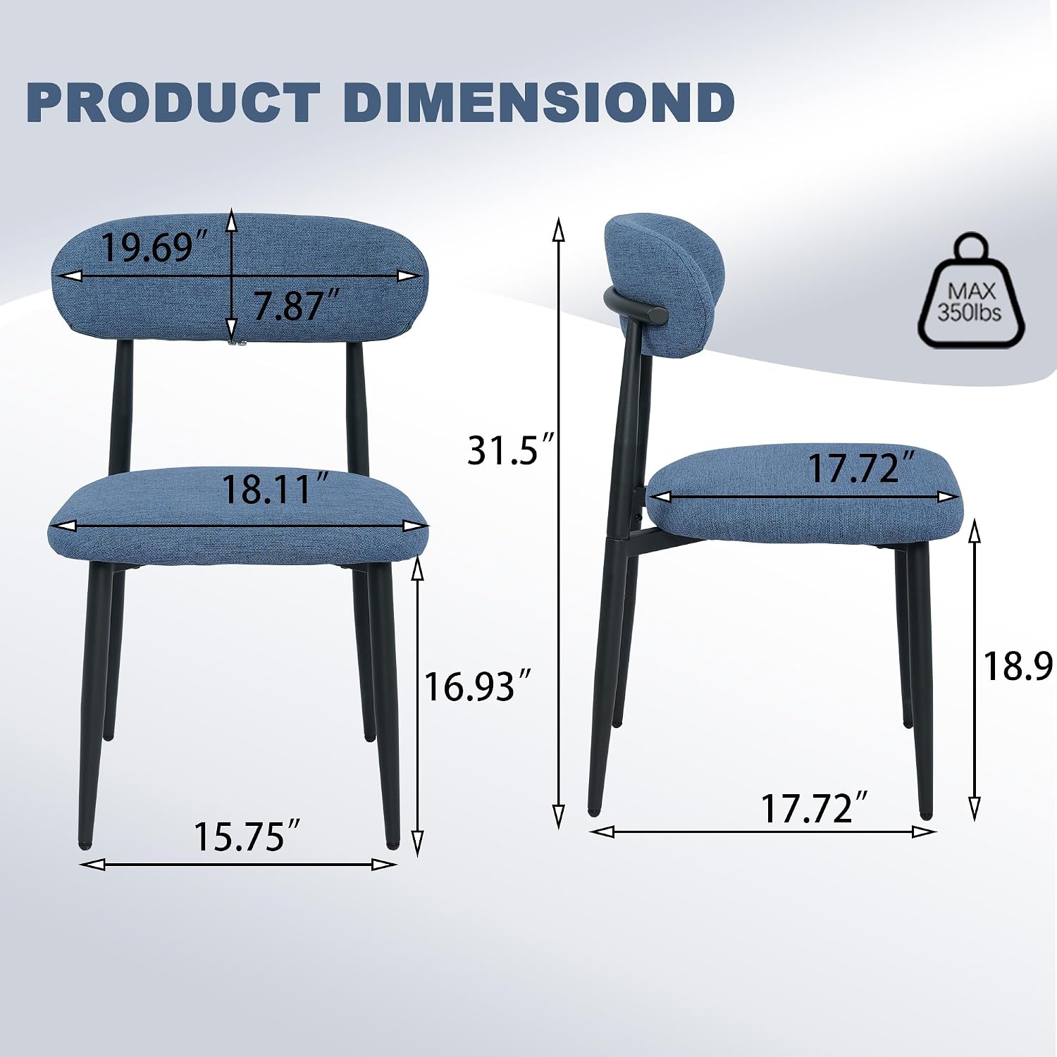 Modern Upholstered Dining Chairs Set of 8, Mid-Century Metal Frame Linen Fabric Side Chair for Kitchen Dining Room, 350lbs Capacity, Blue
