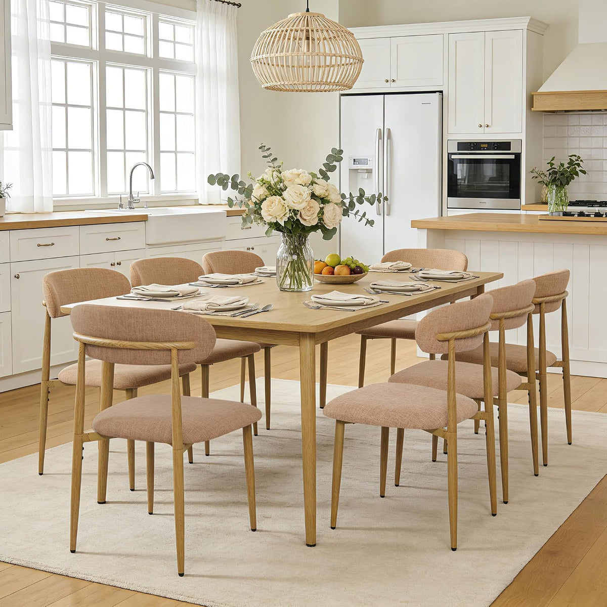 Modern Upholstered Dining Chairs Set of 8, Mid-Century Metal Frame with Wood Grain, Linen Fabric Side Chair for Kitchen Dining Room, 350lbs Capacity, Brown