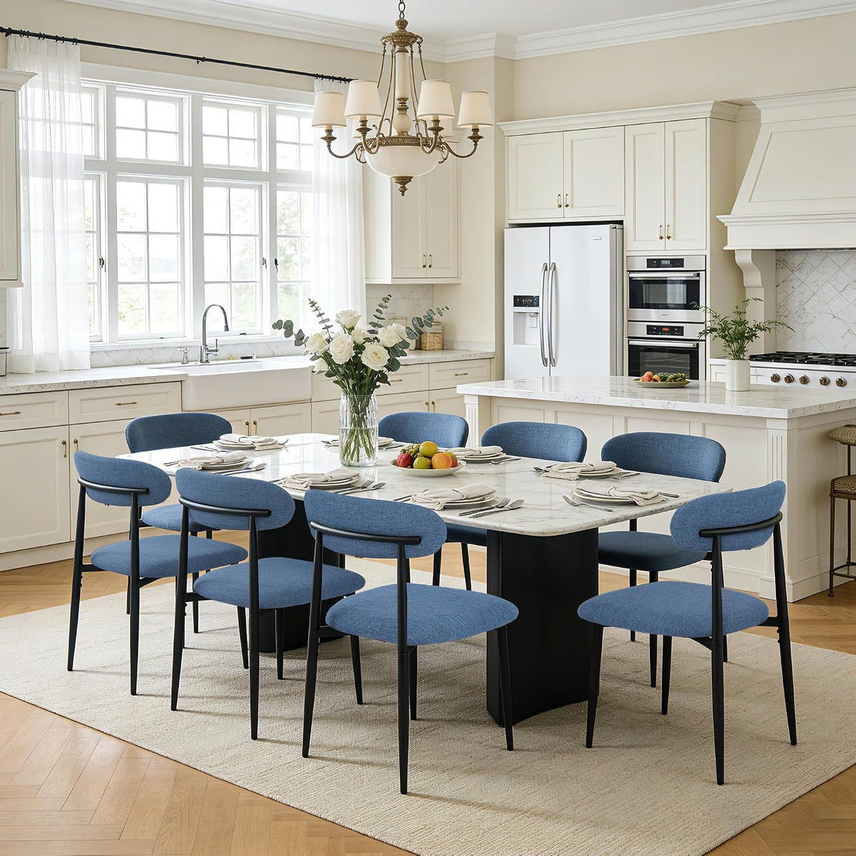 Modern Upholstered Dining Chairs Set of 8, Mid-Century Metal Frame Linen Fabric Side Chair for Kitchen Dining Room, 350lbs Capacity, Blue