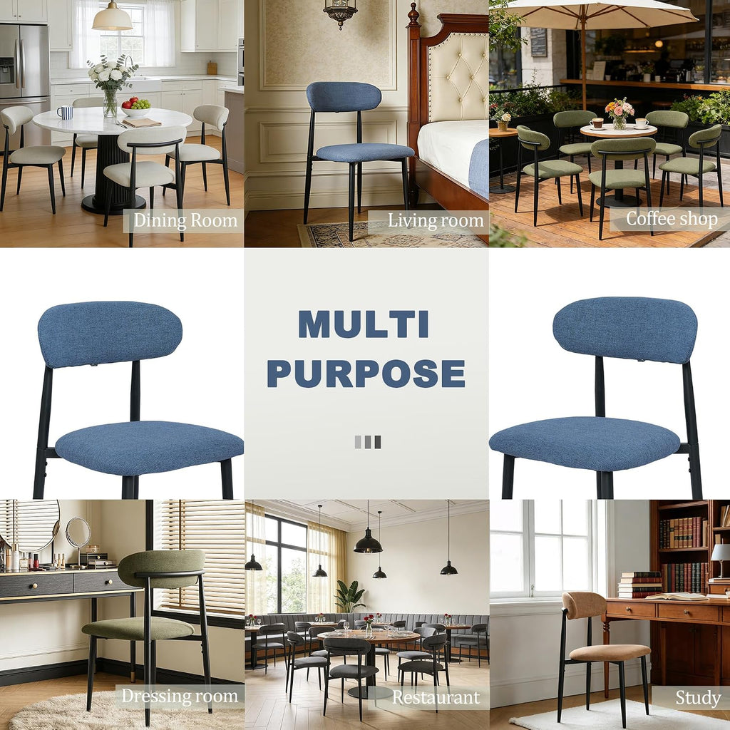 Modern Upholstered Dining Chairs Set of 8, Mid-Century Metal Frame Linen Fabric Side Chair for Kitchen Dining Room, 350lbs Capacity, Blue