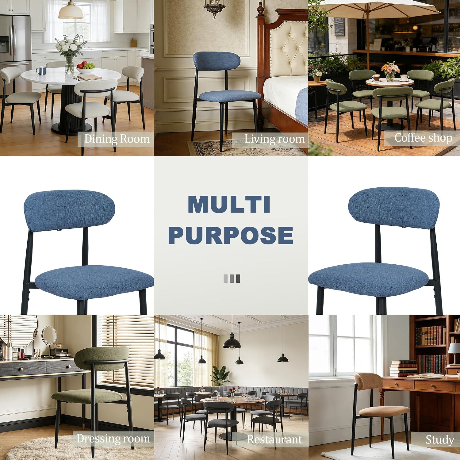 Modern Upholstered Dining Chairs Set of 8, Mid-Century Metal Frame Linen Fabric Side Chair for Kitchen Dining Room, 350lbs Capacity, Blue