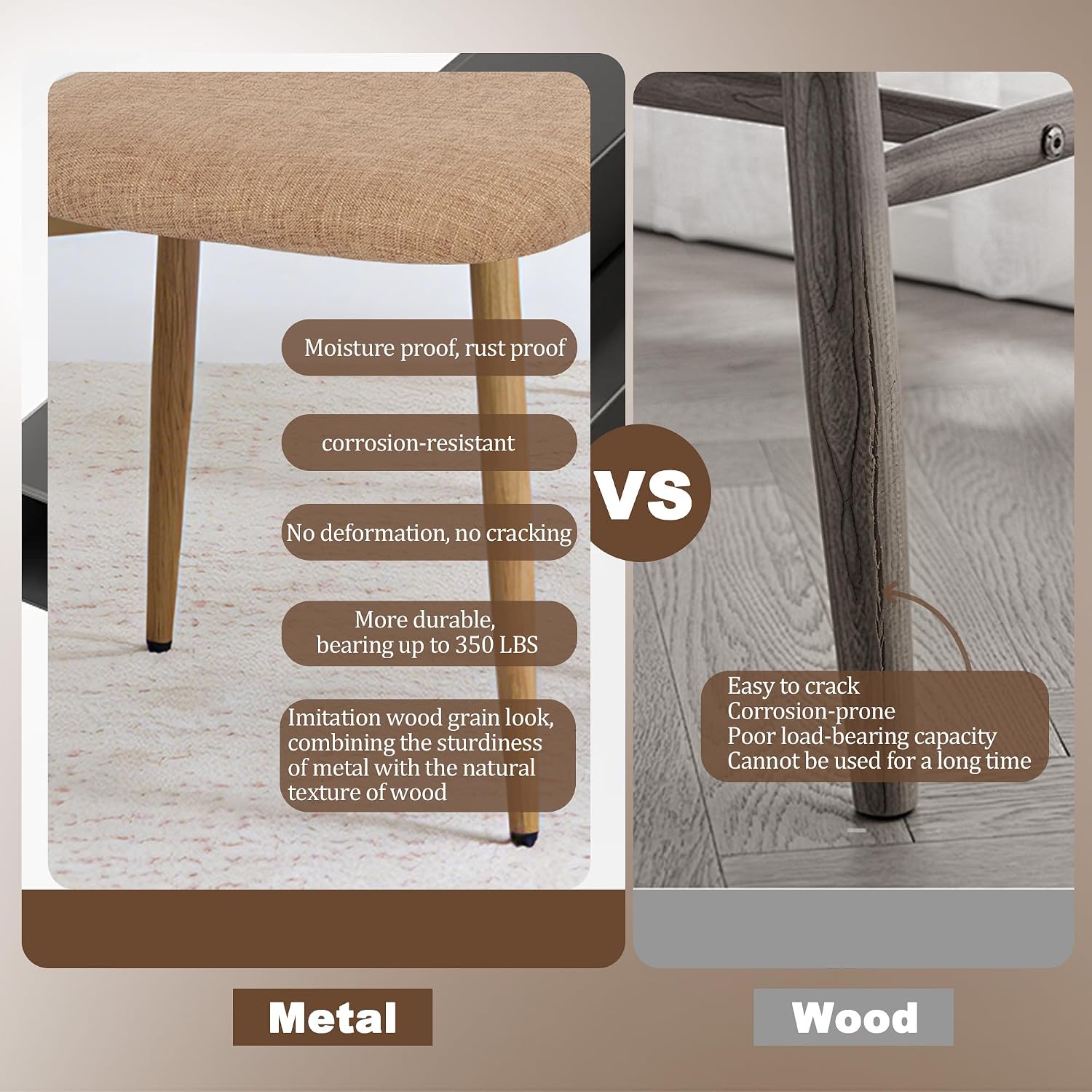 Modern Upholstered Dining Chairs Set of 8, Mid-Century Metal Frame with Wood Grain, Linen Fabric Side Chair for Kitchen Dining Room, 350lbs Capacity, Brown