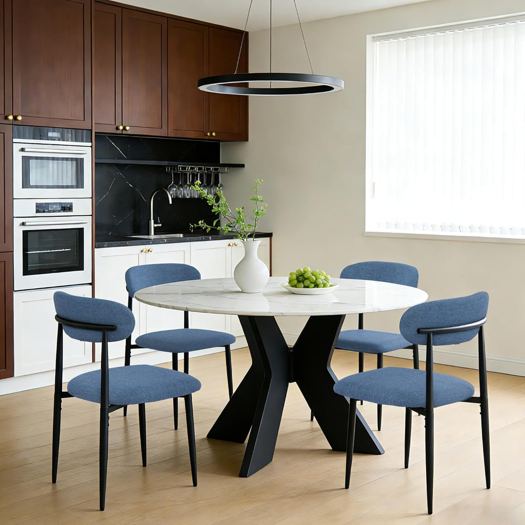 Modern Upholstered Dining Chairs Set of 8, Mid-Century Metal Frame Linen Fabric Side Chair for Kitchen Dining Room, 350lbs Capacity, Blue