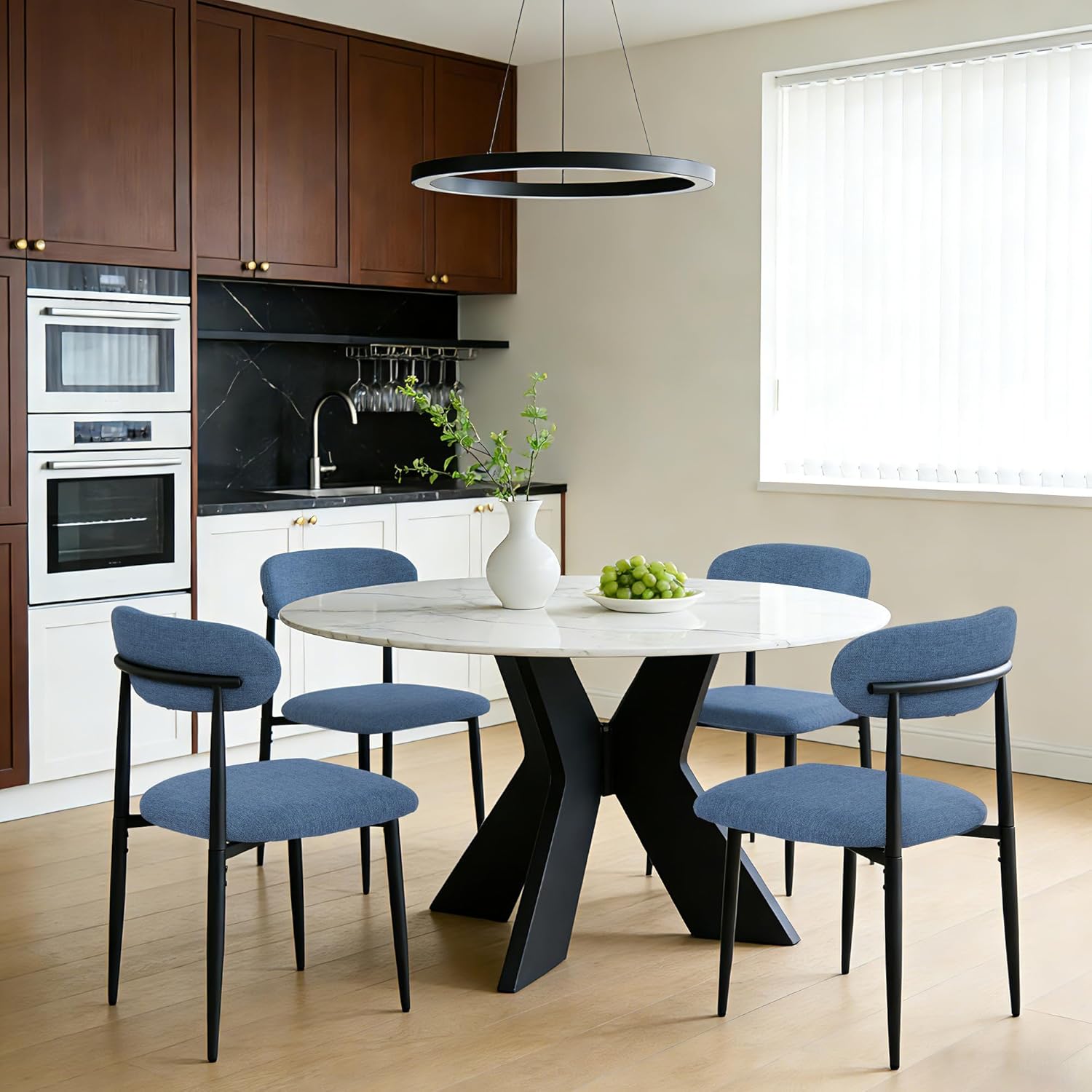 Modern Upholstered Dining Chairs Set of 8, Mid-Century Metal Frame Linen Fabric Side Chair for Kitchen Dining Room, 350lbs Capacity, Blue